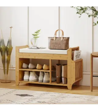 Banco Zapatero con Asiento Acolchado Almacenamiento Lateral Estante para Botas Marco de Bambú 80x30x50 cm Natural