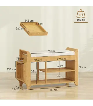 Banco Zapatero con Asiento Acolchado Almacenamiento Lateral Estante para Botas Marco de Bambú 80x30x50 cm Natural
