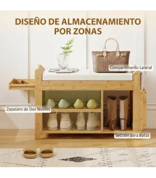 Banco Zapatero con Asiento Acolchado Almacenamiento Lateral Estante para Botas Marco de Bambú 80x30x50 cm Natural