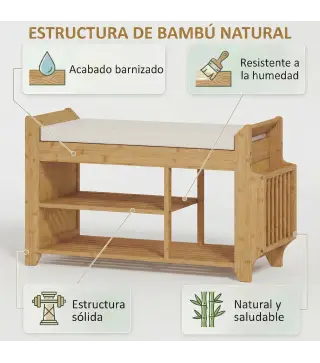 Banco Zapatero con Asiento Acolchado Almacenamiento Lateral Estante para Botas Marco de Bambú 80x30x50 cm Natural