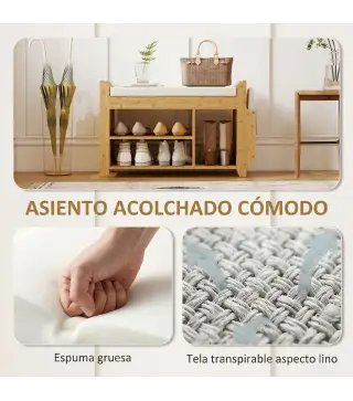 Banco Zapatero con Asiento Acolchado Almacenamiento Lateral Estante para Botas Marco de Bambú 80x30x50 cm Natural