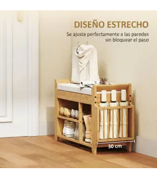 Banco Zapatero con Asiento Acolchado Almacenamiento Lateral Estante para Botas Marco de Bambú 80x30x50 cm Natural