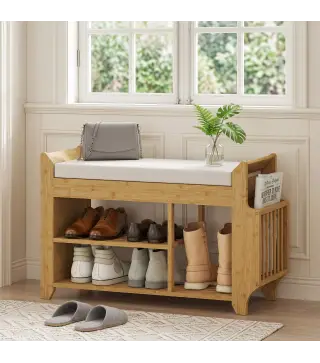 Banco Zapatero con Asiento Acolchado Almacenamiento Lateral Estante para Botas Marco de Bambú 80x30x50 cm Natural
