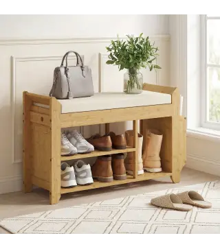 Banco Zapatero con Asiento Acolchado Almacenamiento Lateral Estante para Botas Marco de Bambú 80x30x50 cm Natural