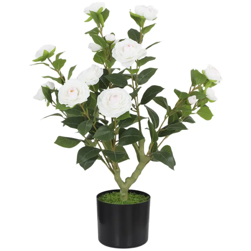 Planta Artificial de Camelia 65cm Árbol Artificial en Maceta con Flores de Seda Realistas 116 Hojas Efecto Musgo Blanco