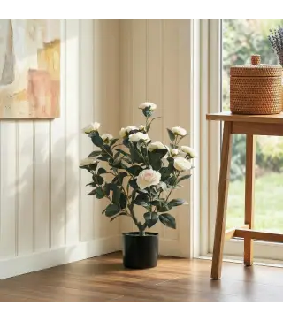 Planta Artificial de Camelia 65cm Árbol Artificial en Maceta con Flores de Seda Realistas 116 Hojas Efecto Musgo Blanco