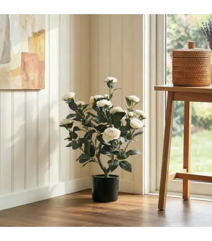 Planta Artificial de Camelia 65cm Árbol Artificial en Maceta con Flores de Seda Realistas 116 Hojas Efecto Musgo Blanco