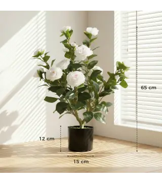 Planta Artificial de Camelia 65cm Árbol Artificial en Maceta con Flores de Seda Realistas 116 Hojas Efecto Musgo Blanco