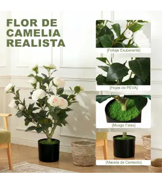 Planta Artificial de Camelia 65cm Árbol Artificial en Maceta con Flores de Seda Realistas 116 Hojas Efecto Musgo Blanco