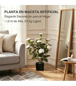 Planta Artificial de Camelia 65cm Árbol Artificial en Maceta con Flores de Seda Realistas 116 Hojas Efecto Musgo Blanco