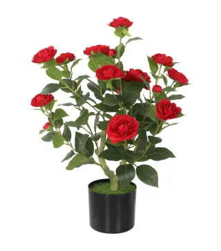 Planta Artificial de Camelia 65 cm Árbol Artificial en Maceta con Flores de Seda Realistas 116 Hojas Efecto Musgo Rojo