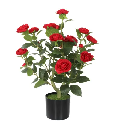 Planta Artificial de Camelia 65 cm Árbol Artificial en Maceta con Flores de Seda Realistas 116 Hojas Efecto Musgo Rojo