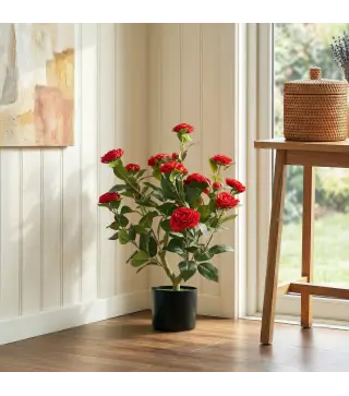 Planta Artificial de Camelia 65 cm Árbol Artificial en Maceta con Flores de Seda Realistas 116 Hojas Efecto Musgo Rojo