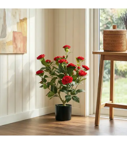 Planta Artificial de Camelia 65 cm Árbol Artificial en Maceta con Flores de Seda Realistas 116 Hojas Efecto Musgo Rojo