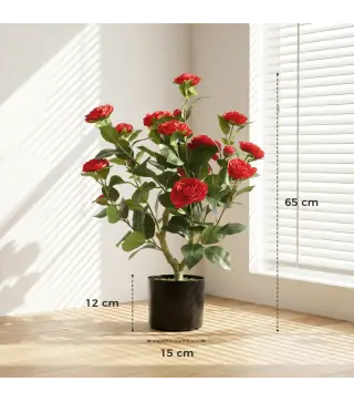 Planta Artificial de Camelia 65 cm Árbol Artificial en Maceta con Flores de Seda Realistas 116 Hojas Efecto Musgo Rojo
