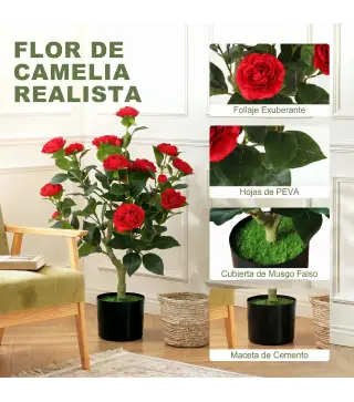 Planta Artificial de Camelia 65 cm Árbol Artificial en Maceta con Flores de Seda Realistas 116 Hojas Efecto Musgo Rojo