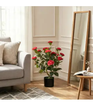 Planta Artificial de Camelia 65 cm Árbol Artificial en Maceta con Flores de Seda Realistas 116 Hojas Efecto Musgo Rojo
