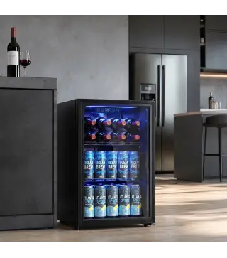 Frigorífico de Bebidas 70 L con Puerta de Vidrio Doble Iluminación LED 2 Estantes Ajustables para 70 Latas
