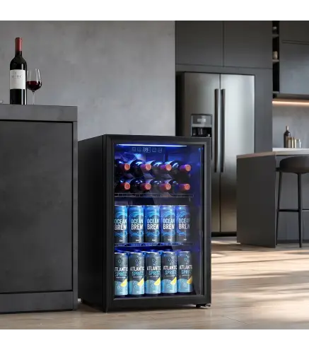Frigorífico de Bebidas 70 L con Puerta de Vidrio Doble Iluminación LED 2 Estantes Ajustables para 70 Latas