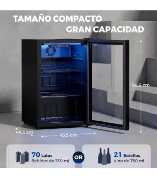Frigorífico de Bebidas 70 L con Puerta de Vidrio Doble Iluminación LED 2 Estantes Ajustables para 70 Latas