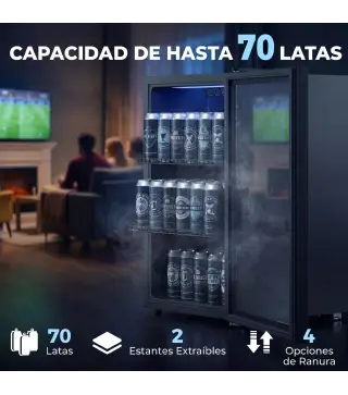 Frigorífico de Bebidas 70 L con Puerta de Vidrio Doble Iluminación LED 2 Estantes Ajustables para 70 Latas