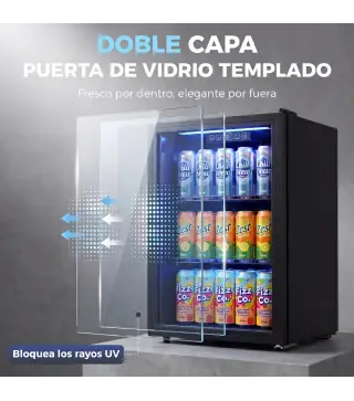 Frigorífico de Bebidas 70 L con Puerta de Vidrio Doble Iluminación LED 2 Estantes Ajustables para 70 Latas