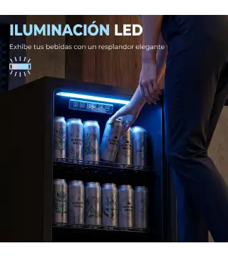 Frigorífico de Bebidas 70 L con Puerta de Vidrio Doble Iluminación LED 2 Estantes Ajustables para 70 Latas
