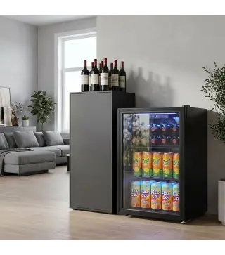 Frigorífico de Bebidas 70 L con Puerta de Vidrio Doble Iluminación LED 2 Estantes Ajustables para 70 Latas