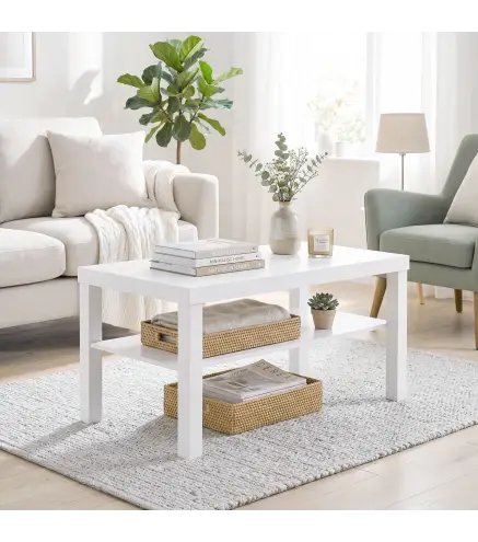 Mesa de Centro Mesa de Café para Salón con Estante Abierto Tablero Grueso para Salón Oficina 90x45x44,5 cm Blanco