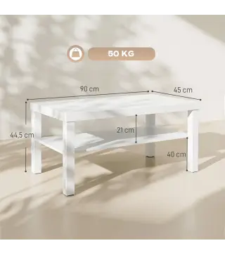 Mesa de Centro Mesa de Café para Salón con Estante Abierto Tablero Grueso para Salón Oficina 90x45x44,5 cm Blanco