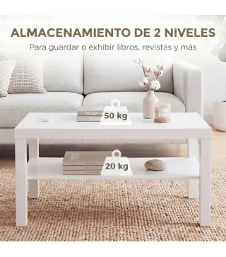Mesa de Centro Mesa de Café para Salón con Estante Abierto Tablero Grueso para Salón Oficina 90x45x44,5 cm Blanco