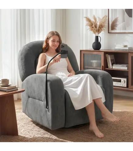 Sillón Relax Reclinable 3 en 1 con Función Mecedora Giratorio 360° Soporte para Teléfono Asiento Amplio Gris