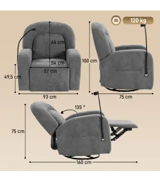 Sillón Relax Reclinable 3 en 1 con Función Mecedora Giratorio 360° Soporte para Teléfono Asiento Amplio Gris