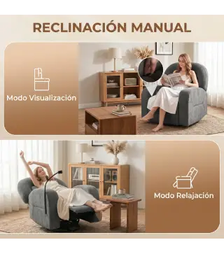 Sillón Relax Reclinable 3 en 1 con Función Mecedora Giratorio 360° Soporte para Teléfono Asiento Amplio Gris