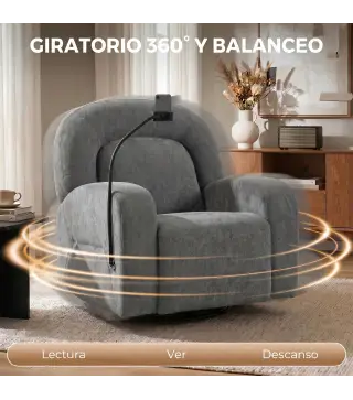 Sillón Relax Reclinable 3 en 1 con Función Mecedora Giratorio 360° Soporte para Teléfono Asiento Amplio Gris