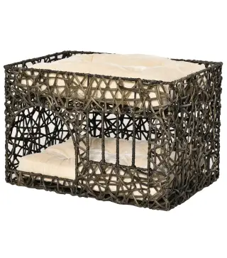 Cesta de Ratán para Gatos de 2 Alturas Cama Cueva de Gatos con 2 Cojines Suaves y Ventana 56x41x45 cm Café Oscuro