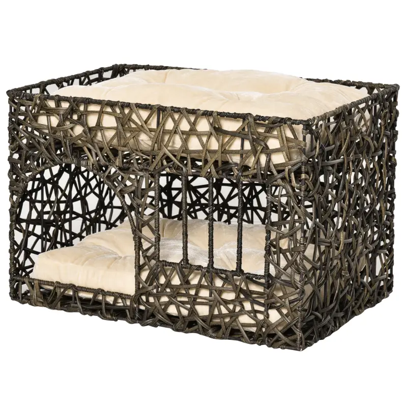 Cesta de Ratán para Gatos de 2 Alturas Cama Cueva de Gatos con 2 Cojines Suaves y Ventana 56x41x45 cm Café Oscuro Cesta de Ratán para Gatos de 2 Alturas Cama Cueva de Gatos con 2 Cojines Suaves y Ventana 56x41x45 cm Café Oscuro