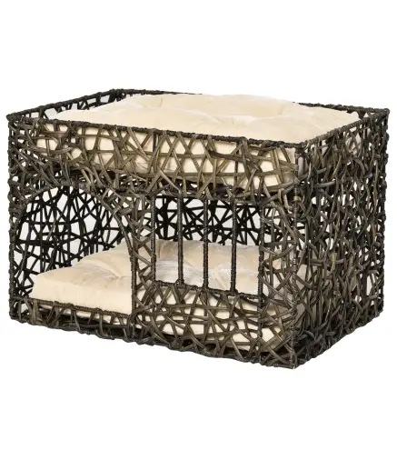 Cesta de Ratán para Gatos de 2 Alturas Cama Cueva de Gatos con 2 Cojines Suaves y Ventana 56x41x45 cm Café Oscuro