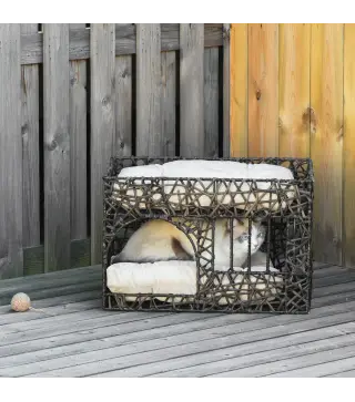 Cesta de Ratán para Gatos de 2 Alturas Cama Cueva de Gatos con 2 Cojines Suaves y Ventana 56x41x45 cm Café Oscuro