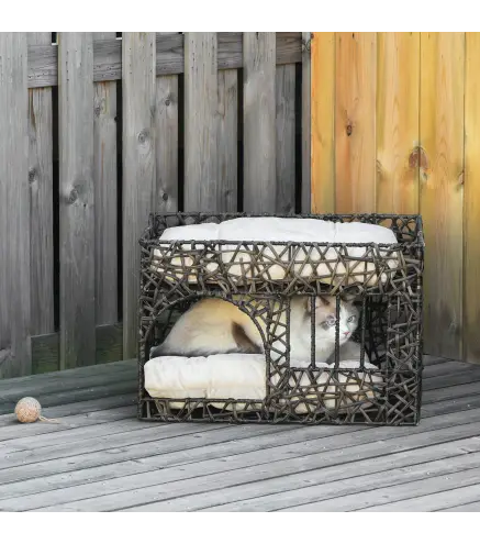 Cesta de Ratán para Gatos de 2 Alturas Cama Cueva de Gatos con 2 Cojines Suaves y Ventana 56x41x45 cm Café Oscuro