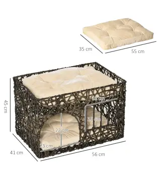 Cesta de Ratán para Gatos de 2 Alturas Cama Cueva de Gatos con 2 Cojines Suaves y Ventana 56x41x45 cm Café Oscuro