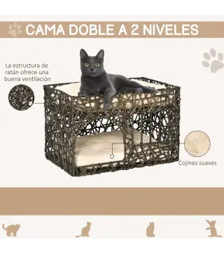 Cesta de Ratán para Gatos de 2 Alturas Cama Cueva de Gatos con 2 Cojines Suaves y Ventana 56x41x45 cm Café Oscuro