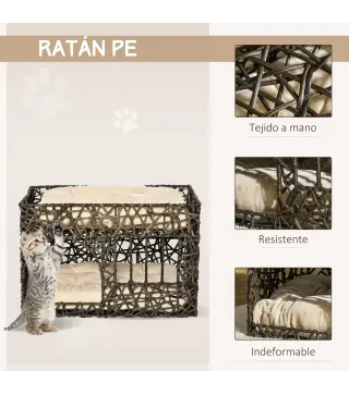 Cesta de Ratán para Gatos de 2 Alturas Cama Cueva de Gatos con 2 Cojines Suaves y Ventana 56x41x45 cm Café Oscuro