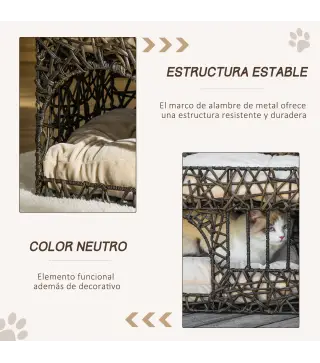 Cesta de Ratán para Gatos de 2 Alturas Cama Cueva de Gatos con 2 Cojines Suaves y Ventana 56x41x45 cm Café Oscuro