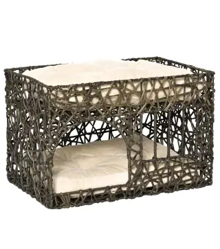 Cesta de Ratán para Gatos de 2 Alturas Cama Cueva de Gatos con 2 Cojines Suaves y Ventana 56x41x45 cm Café Oscuro