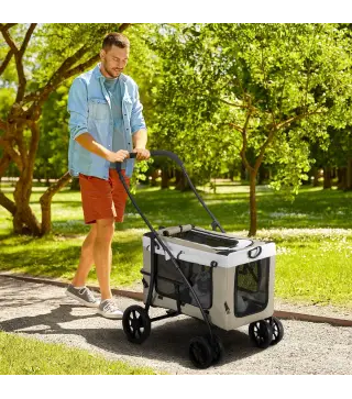 Cochecito para Perros Plegable con Vagón Desmontable 4 Puertas con Cremallera 2 Correas de Seguridad y Cojín Caqui