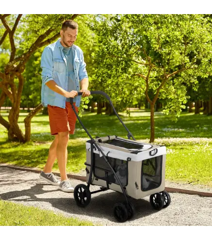 Cochecito para Perros Plegable con Vagón Desmontable 4 Puertas con Cremallera 2 Correas de Seguridad y Cojín Caqui