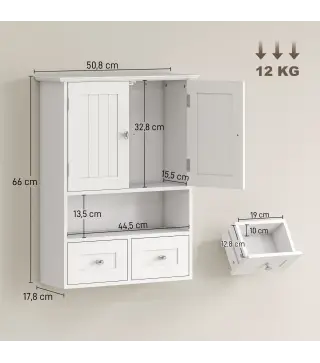 Armario de Pared para Baño Armario Colgante de Baño con 2 Puertas y 2 Cajones para Cocina 50,8x17,8x66 cm Blanco