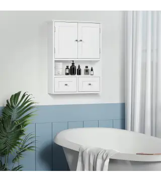 Armario de Pared para Baño Armario Colgante de Baño con 2 Puertas y 2 Cajones para Cocina 50,8x17,8x66 cm Blanco