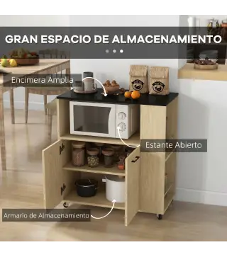 Carrito de Cocina con Ruedas 2 Puertas Estante Ajustable Especieros para Comedor 75x40x80,5 cm Natural